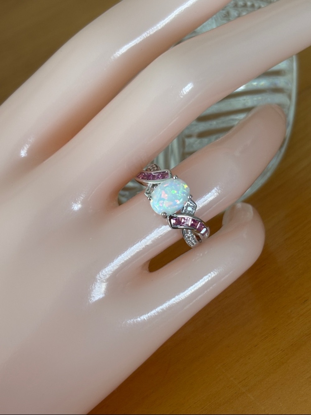 Genuine Lab Created Opal & Pink White Sapphire Ring Sterling Silver Size 7